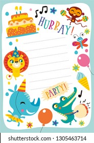 Hurray! Party! Template with cute animals in childish style for designing own posters and invitation cards. Vector isolated illustration. 