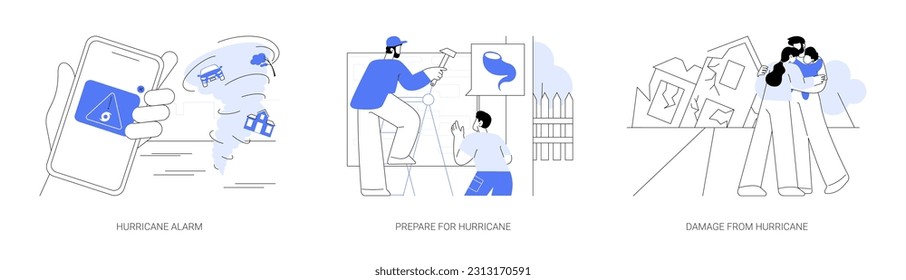 Hurricane abstract concept vector illustration set. Hurricane alarm on smartphone, prepare for natural catastrophe, damage from storm wind, tropical cyclone, property devastation abstract metaphor.