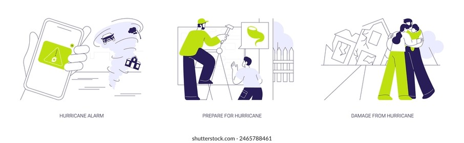 Hurricane abstract concept vector illustration set. Hurricane alarm on smartphone, prepare for natural catastrophe, damage from storm wind, tropical cyclone, property devastation abstract metaphor.