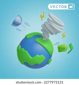 hurricane attacking the world 3D vector icon set, on a blue background