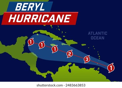 Hurricane Beryl cyclone world map of movement. Forecast and track. Vector illustration.