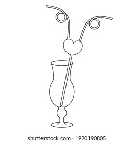 Hurricane cocktail glass. Heart shaped double straw decoration. Sketch. A romantic device for a couple of lovers. Vector illustration. Coloring book. Valentines Day. A plastic straw for drinking.