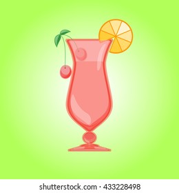 Hurricane cocktail, pina colada glass with cherry and orange. Candy Relax summer background. Vector illustration.