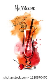 Hurricane cocktail. Watercolor illustration of cocktails. Hand drawn sketch