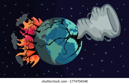 hurricane coming out of a crater on earth, dystopic view of human actions to destroy the environment, vector illustration