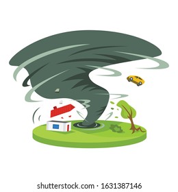 Hurricane in countryside cartoon vector illustration. Tropical cyclone. Thunderstorm. Violent tornado destroying house. Calamity. Destruction. Flat color natural disaster isolated on white background