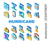 hurricane cyclone storm wind icons set vector. typhoon rain, surge flood, eye pressure, gust warning, watch, landfall damage hurricane cyclone storm wind isometric sign illustrations