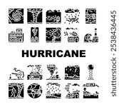 hurricane cyclone storm wind icons set vector. typhoon rain, surge flood, eye pressure, gust warning, watch, landfall damage hurricane cyclone storm wind glyph pictogram Illustrations