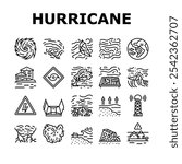 hurricane cyclone storm wind icons set vector. typhoon rain, surge flood, eyewall vortex, pressure tropical, gust, landfall warning hurricane cyclone storm wind black contour illustrations