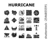 hurricane cyclone storm wind icons set vector. typhoon rain, surge flood, eyewall vortex, pressure tropical, gust, landfall warning hurricane cyclone storm wind glyph pictogram Illustrations