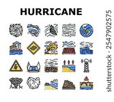 hurricane cyclone storm wind icons set vector. typhoon rain, surge flood, eyewall vortex, pressure tropical, gust, landfall warning hurricane cyclone storm wind color line illustrations