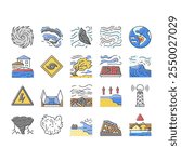 hurricane cyclone storm wind icons set vector. typhoon rain, surge flood, eyewall vortex, pressure tropical, gust, landfall warning hurricane cyclone storm wind color line illustrations