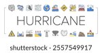 hurricane cyclone storm wind icons set vector. typhoon rain, surge flood, eyewall vortex, pressure tropical, gust, landfall warning hurricane cyclone storm wind color line illustrations