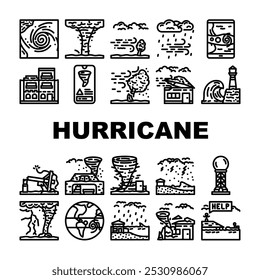 furacão ciclone tempestade ícones do vento definir vetor. chuva de tufão, inundação de onda, pressão ocular, aviso de rajada, relógio, dano landfall furacão tempestade vento vento contorno preto ilustrações