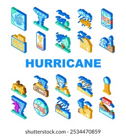 furacão ciclone tempestade ícones do vento definir vetor. chuva de tufão, inundação de onda, pressão ocular, aviso de rajada, relógio, dano landfall furacão ciclone tempestade vento isométrico sinal ilustrações