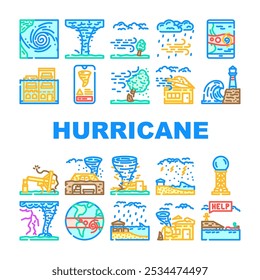 furacão ciclone tempestade ícones do vento definir vetor. chuva de tufão, inundação de onda, pressão ocular, aviso de rajada, relógio, dano landfall furacão ciclone tempestade vento cor da linha ilustrações