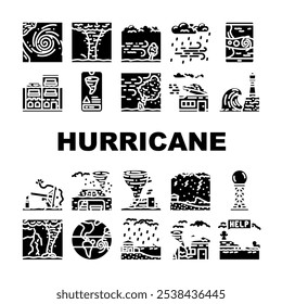 furacão ciclone tempestade ícones do vento definir vetor. chuva de tufão, inundação de onda, pressão ocular, aviso de rajada, relógio, dano landfall ciclone tempestade vento glifo pictograma Ilustrações