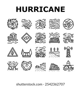 furacão ciclone tempestade ícones do vento definir vetor. chuva de tufão, inundação de onda, vórtice da parede do olho, pressão tropical, rajada, landfall aviso furacão ciclone tempestade vento contorno preto ilustrações