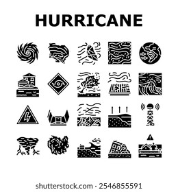 furacão ciclone tempestade ícones do vento definir vetor. chuva de tufão, inundação de onda, vórtice da parede do olho, pressão tropical, rajada, landfall aviso furacão ciclone tempestade vento glifo pictograma Ilustrações