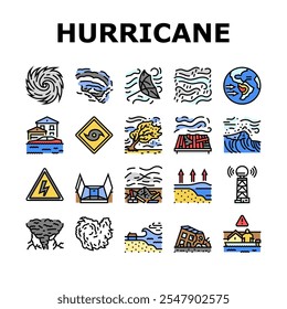 furacão ciclone tempestade ícones do vento definir vetor. chuva de tufão, inundação de onda, vórtice da parede do olho, pressão tropical, rajada, landfall aviso furacão ciclone tempestade vento cor da linha ilustrações