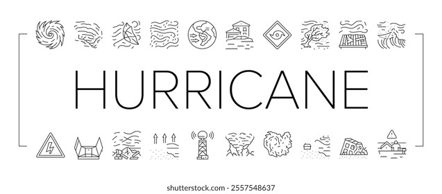 hurricane cyclone storm wind icons set vector. typhoon rain, surge flood, eyewall vortex, pressure tropical, gust, landfall warning hurricane cyclone storm wind black contour illustrations