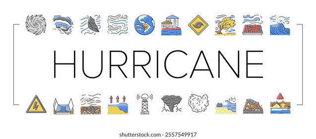 hurricane cyclone storm wind icons set vector. typhoon rain, surge flood, eyewall vortex, pressure tropical, gust, landfall warning hurricane cyclone storm wind color line illustrations