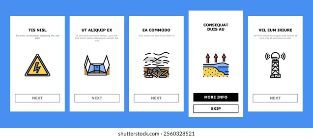 hurricane cyclone storm wind onboarding mobile vector typhoon rain, surge flood, eyewall vortex, pressure tropical, gust, landfall warning hurricane cyclone storm wind illustrations