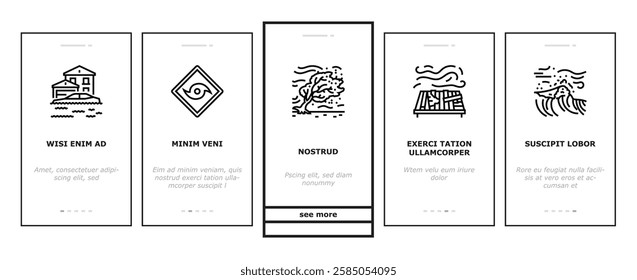 hurricane cyclone storm wind onboarding mobile vector typhoon rain, surge flood, eyewall vortex, pressure tropical, gust, landfall warning hurricane cyclone storm wind illustrations