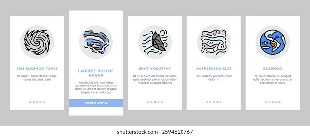 hurricane cyclone storm wind onboarding mobile vector typhoon rain, surge flood, eyewall vortex, pressure tropical, gust, landfall warning hurricane cyclone storm wind illustrations