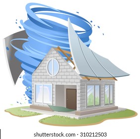 Hurricane destroyed roof of house. Illustration in vector format