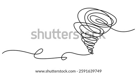 Hurricane Disaster Symbol Drawing, Tornado swirl continuous line with editable stroke isolated on white background - vector illustration set, The whirlpool is drawn in one line. Vortex. Outline draw. 
