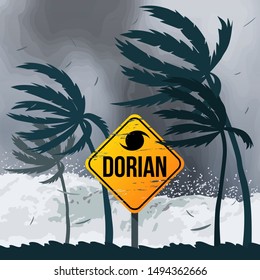 Huracán Dorian en Estados Unidos. Tornado en América sobre el océano en el fondo de la playa y palmeras. ilustración vectorial