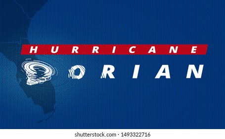 Hurricane Dorian. White lettering with a character 'D' in the shape of tornado vortex. Template of headliner for breaking news about approaching tropical storm. Textured blue screen of any TV channel