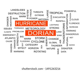 Hurricane Dorian word cloud typography, isolated on white background