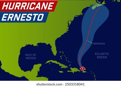 Hurrikan Ernesto Karte der Bewegung. Track, Pfad und Prognose. Flache Vektorgrafik.