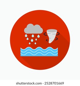 Icono plano del huracán aislado en el fondo coloreado circular con la sombra larga. Para signos, símbolos, infografías, presentaciones o Web.