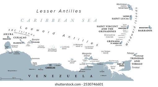 Ilhas do Caribe livres de furacões, mapa político cinza. As Antilhas de Sotavento e as Ilhas do Barlavento são as mais seguras contra furacões. Aruba, Barbados, Bonaire, Curaçao, Granada, Granada, Trindade e Tobago.