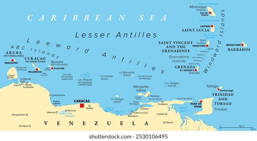 Ilhas do Caribe livres de furacões, mapa político. As Antilhas de Sotavento e as Ilhas do Barlavento são as mais seguras contra os furacões. Aruba, Barbados, Bonaire, Curaçao, Granada, Granada, Trindade e Tobago.