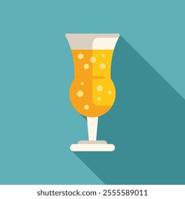 Hurricane glass with yellow cocktail and bubbles on blue background with long shadow, flat design style