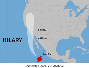 Hurricane Hilary. Hurricane Hilary toward California. Vector illustration. EPS 10