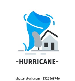 Hurricane icon with blue violent wind whirl, gray house with broken roof and tree. Natural disaster. Flat vector