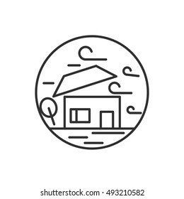 Hurricane icon, line design. wind blows the roof of the house, vector linear illustration