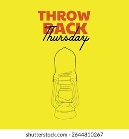 Hurricane, Lamp, light, Minimalist vector artwork with a yellow background featuring a vintage kerosene lantern and stylized typography reading "Throwback Thursday." The design combines bold retro.