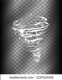 Hurricane Light effect. Vector Vortex tornado glowing, swirling storm cone of shining sparkles on transparent background. Glittering funnel, whirlwind flash, storm twist or blizzard funnel