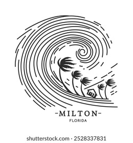 Furacão Milton na Flórida, na costa do oceano e palmeiras. Tornado espiral com ondas. Ilustração de vetor plano em estilo linear sobre fundo branco