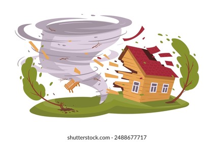 Naturkatastrophe durch Hurrikan. Cartoon-Tornado, verdrehte Sturmkatastrophe, Hausschäden in Vorstädten, flache Vektorillustration. Wirbelwind-Katastrophe auf weiß