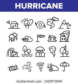 Hurricane Natural Disaster Vector Linear Icons Set. Hurricane, Wind And Tornado Outline Symbols Pack. Mountain Avalanche, Flood And Lightning Isolated Contour Illustrations. Severe Weather Condition