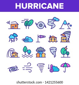Hurricane Natural Disaster Vector Linear Icons Set. Hurricane, Wind And Tornado Outline Symbols Pack. Mountain Avalanche, Flood And Lightning Isolated Contour Illustrations. Severe Weather Condition