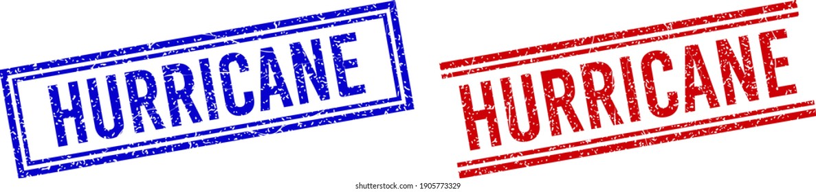 HURRICANE rubber watermarks with distress effect. Vectors designed with double lines, in blue and red colors. Tag placed inside double rectangle frame and parallel lines.
