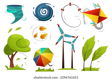 Hurricane and storm set. A flat and cartoonish set of design elements featuring hurricanes, storms, lightning bolts, and other weather-related imagery. Vector illustration.